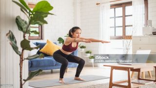 Young Asian healthy woman workout at home, exercise, fit, doing yoga, home fitness concept