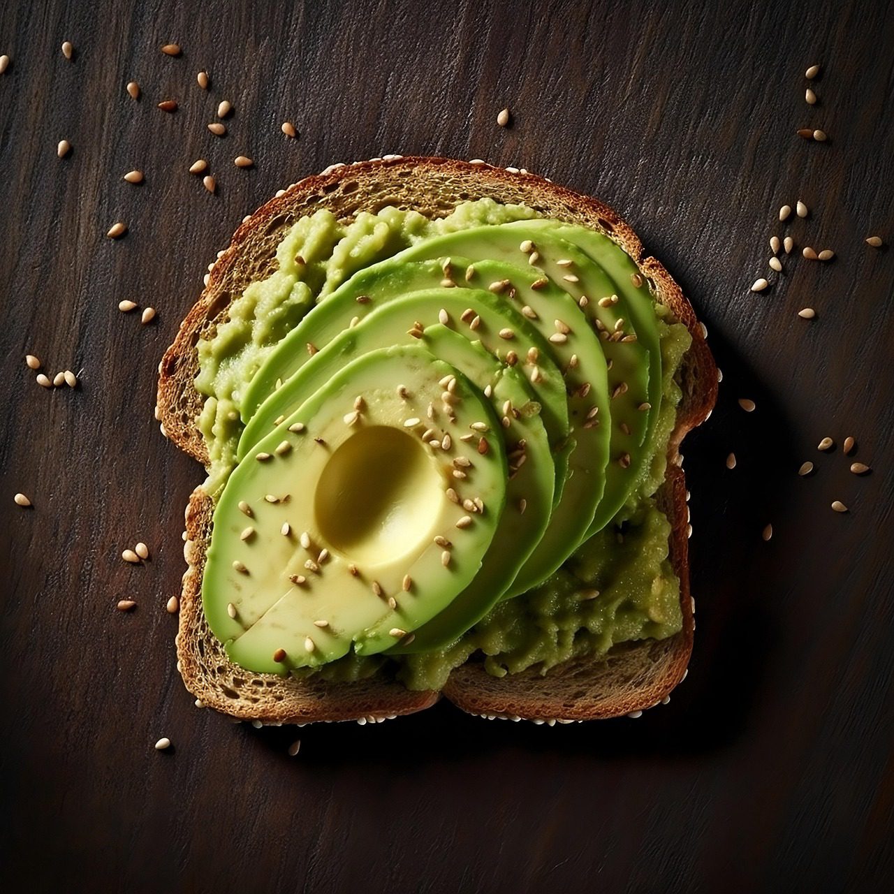 Fresh avocado slices on whole-grain toast