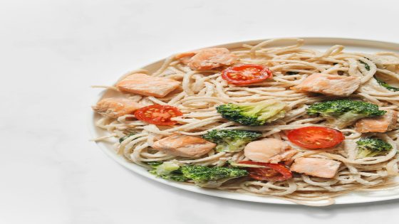 Healthy plate with balanced nutrition: vegetables, fruits, and protein