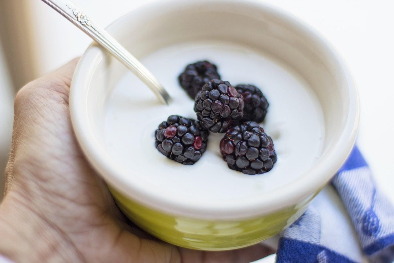 Bowl of yogurt with fresh berries, rich in probiotics for immunity